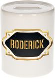 Bellatio Decorations Shoppartners Bv Spaarpot met voornaam Roderick - wit - met goud/zwart embleem - 8 x 9 cm - keramiek - met afsluitdop - cadeau verjaardag