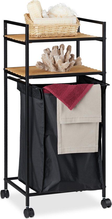 Relaxdays badkamertrolley - 2 etages - rek met wasmand - metaal - bamboe - zwart/natuur
