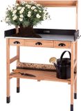 WONDERMAKE® Plantentafel van kersen-hout met 3 laden, Tuinwerktafel weerbestendig met zinkplaat voor tuin balkons, Plantenrek voor buiten en binnen met groot hoog werkblad, XL, Donker-bruin zwart