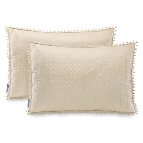 AmeliaHome 2 kussenslopen met pompons tweezijdig ultrasoon stiksel 50 x 70 cm Meadore beige