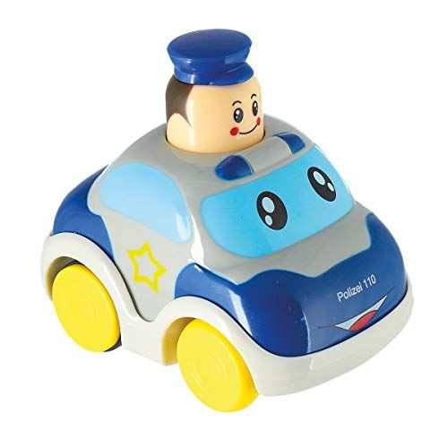Bieco Drück & Los Flitzer politie, speelgoedauto met optrekmechanisme door hoofd naar beneden drukken, terugtrekken speelgoedauto's vanaf 6 maanden, baby en peuter, auto baby 1 jaar, optrekbaar