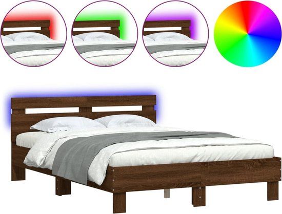vidaXL Bedframe met hoofdeinde en LED bruin eikenkleur 135x190 cm