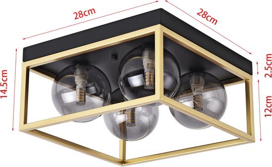 Design plafondlamp Widnes 14,5x28x28 cm 4xG9 zwart en goudkleurig