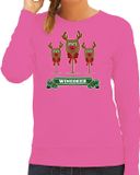 Bellatio Decorations Foute Kersttrui/sweater dames - winedeer - roze - wijn - rendier - Rudolf L