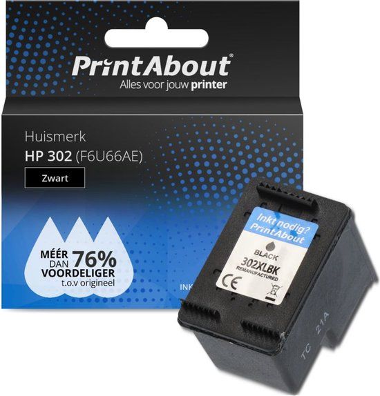 PrintAbout Huismerk HP 302 (F6U66AE) Zwart Inktcartridge