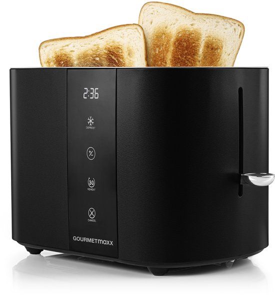 GOURMETmaxx Broodrooster met korte sleuf voor 2 sneetjes | Zwart broodrooster met 6 bruiningsstanden en Ready-2-eat-countdown | Elektrisch keukenapparaat met touchdisplay, broodjesopzetstuk en opwarmfunctie
