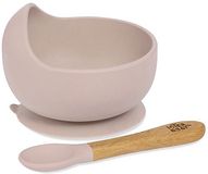 Roze Interbaby siliconen kom met zuignap & siliconen/houten lepel Dark Pink