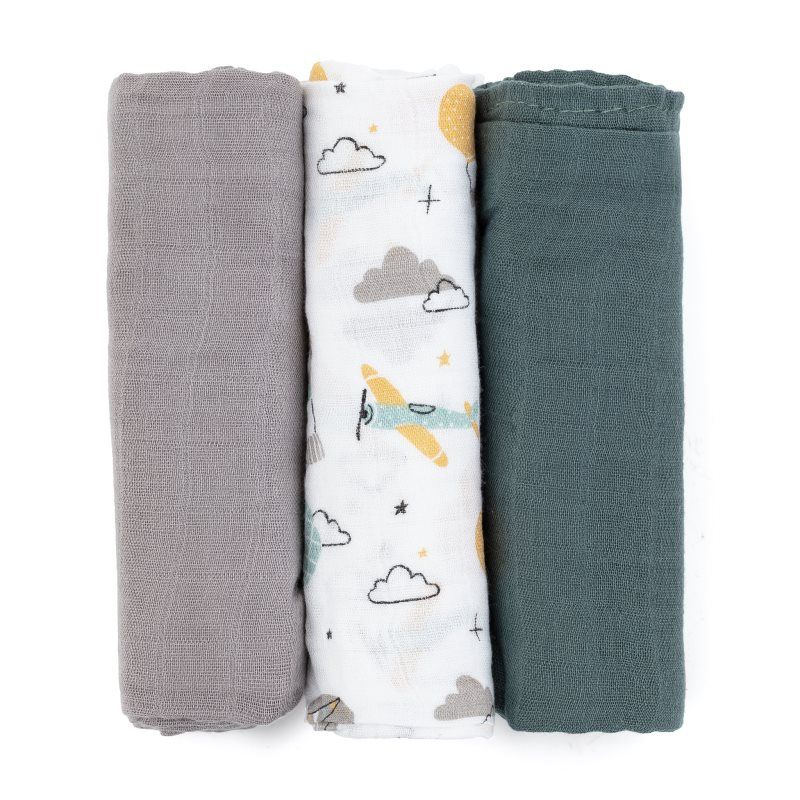 Petite&Mars Moussy Petite&Mars, Pucktuch + Nuscheli, Moussy Cloth Diapers Grey Planes 68 x 68 cm - Pack of 3 (68 x 68 cm)
