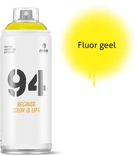 Montana-Colors 1x MTN94 spuitbus - 400ml spuitverf - Fluor geel - Lage druk en matte afwerking - Spuitverf voor binnen en buiten gebruik voor vele doeleinden zoals klussen graffiti hobby en kunst