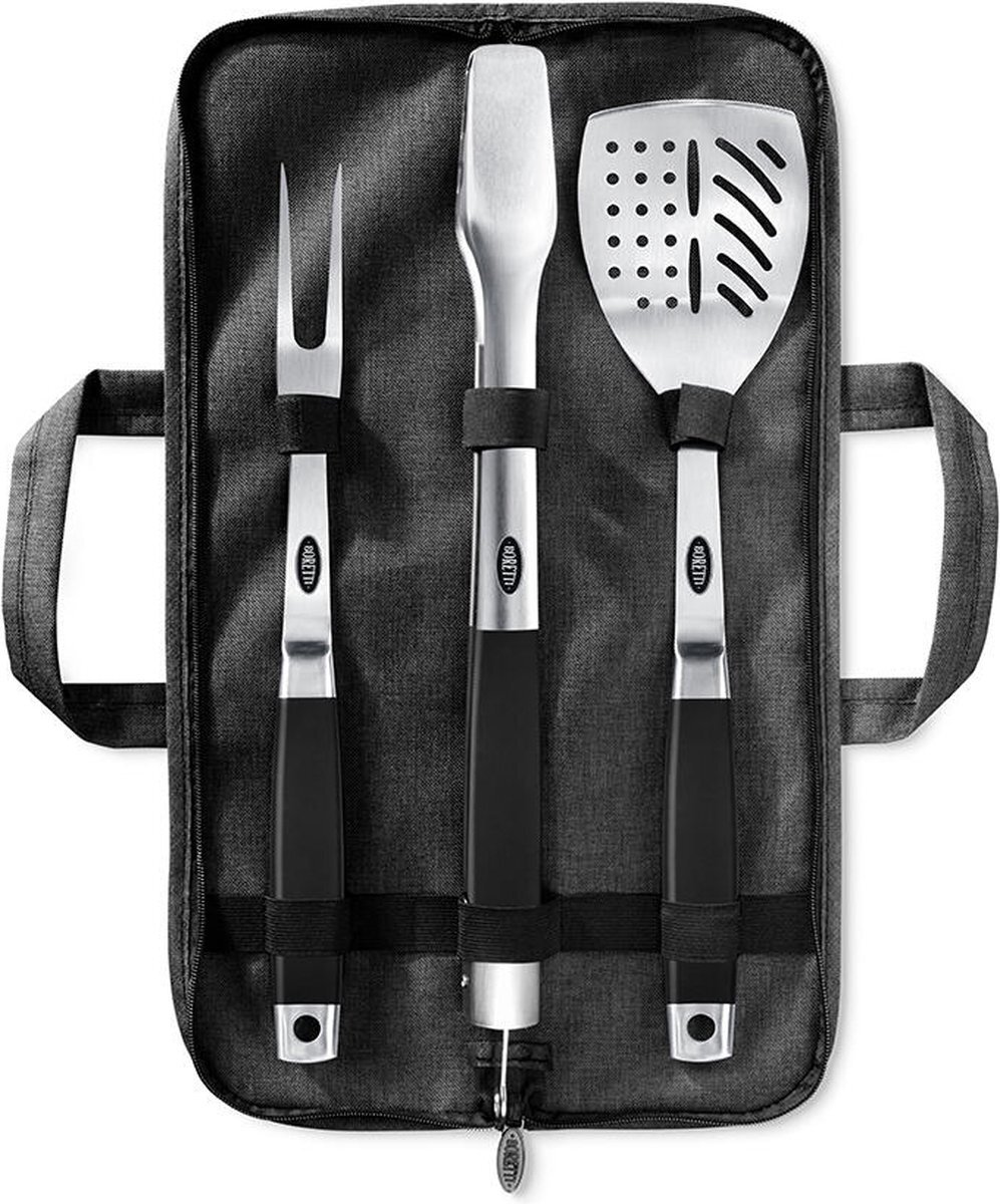 Boretti BBQ Grill Set 3 Delig - Barbecueset met Grijptang, Spatel en Vork - Om Vlees/Vis of Groenten te draaien op je barbecue - Incl. Handige opbergtasje - Prikvork - Spatel - Tang - Met kunsstofhandgrepen voor een fijne grip - Incl. Opbergcase