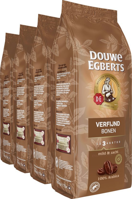 Douwe Egberts Koffiebonen Verfijnd (2 Kilogram, Intensiteit 03/09, Light Roast Koffie, 100% Arabica Koffie), 4 x 500 Gram