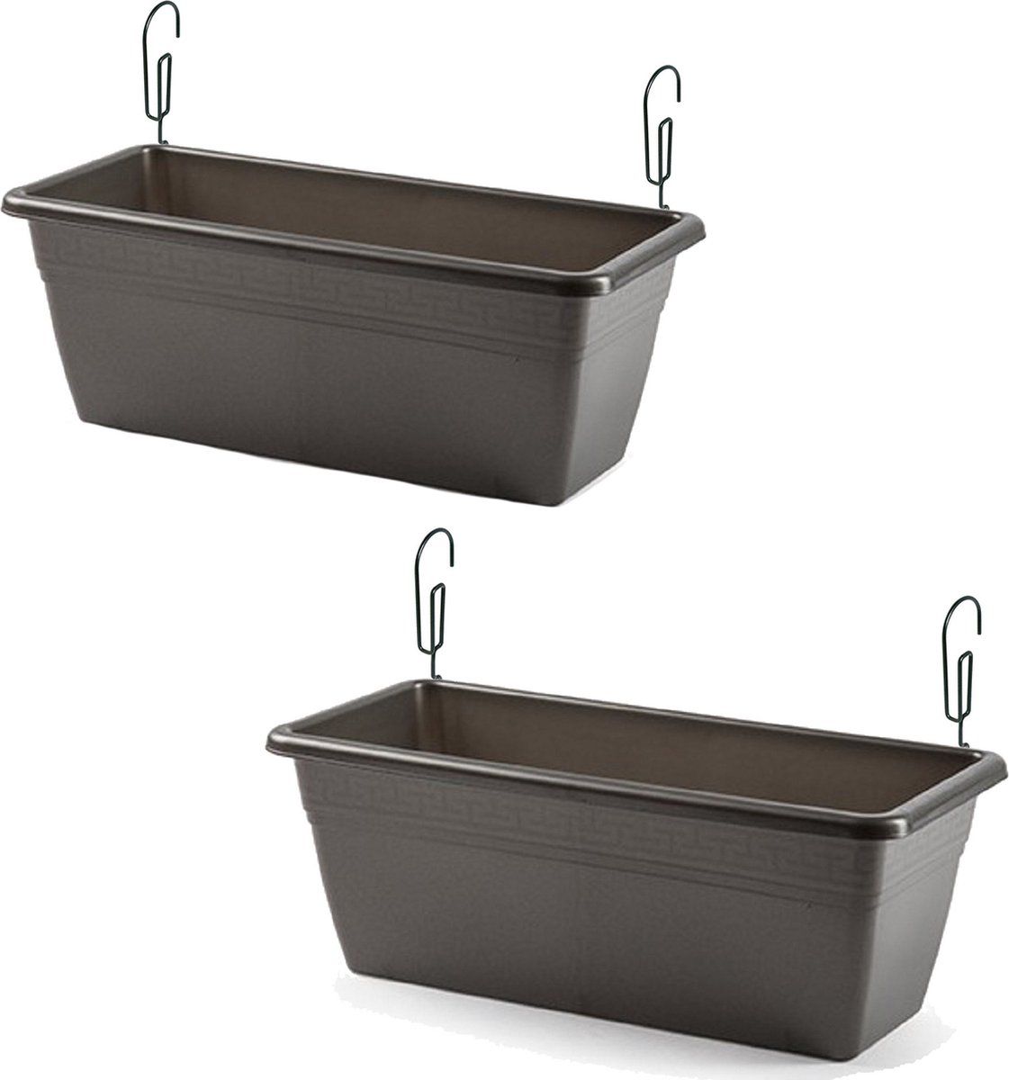 Forte Plastics 2x hangende reling plantenbakken antraciet grijs rechthoekig 40 x 18 x 15 cm