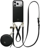 AVY Leren Hoesje geschikt voor Apple iPhone 17 Pro | Met Koord en Mini Telefoontasje | Compatibel met MagSafe | Leather Case met 30CM & 130CM Koord & Pouch | Leather Set | Zwart
