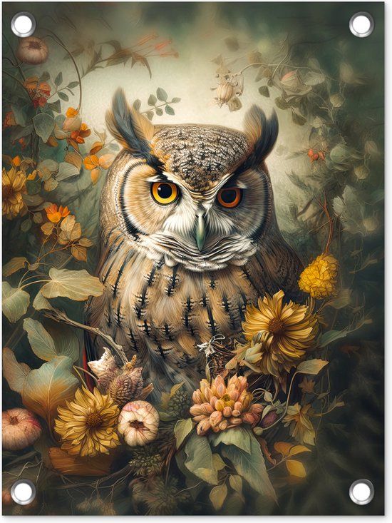 GreatGardenPosters Tuin decoratie Uil - Vogels - Bloemen - Natuur - 30x40 cm - Tuindoek - Buitenposter