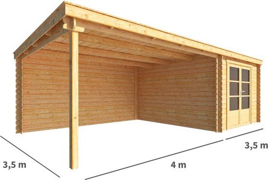 Merkloos Blokhut met overkapping Els 750 cm bij 350 cm diep Lessenaarsdak bruin