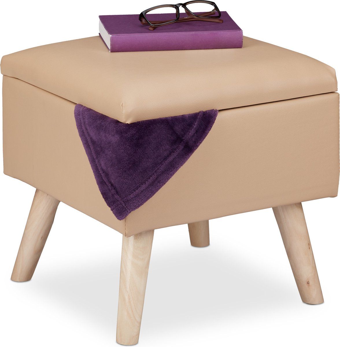 Relaxdays Krukje met opbergruimte - voetenbank - opbergkruk - opbergpoef - bankje - beige