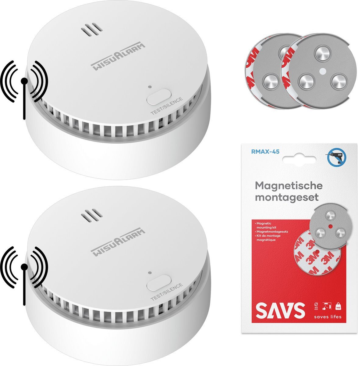 WisuAlarm SA30A-R8 Draadloos koppelbare rookmelder - Met magneet montage - 2 Rookmelders - 10 jaar batterij - Kan in de buurt van keuken en badkamer - Voldoet aan Europese norm - Koppelbaar brandalarm zonder boren