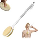 MOXYOY Rugschrobber, lichaamsdoucheborstel met 44 cm lange steel, dubbelzijdige exfoliërende rugborstel met stijve en zachte haren voor vrouwen, mannen, ouderen (grijs)