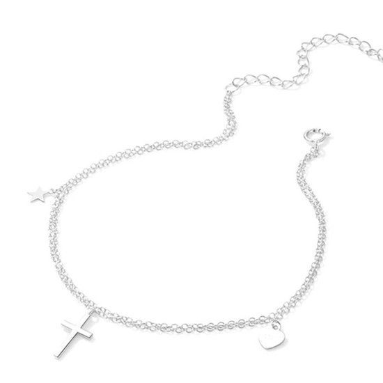 Elenza AMS Lookinggoodtoday Zilveren Enkelband met Ster, Kruis en Hart Charms – Speels en Stijlvol