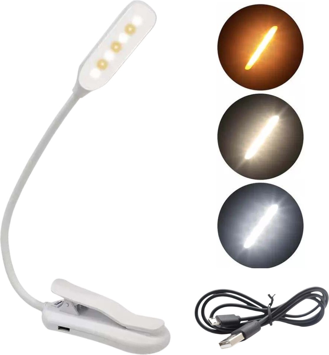 XEMM Leeslampje voor boek - Leeslampje met klem - Leeslampje voor in bed - Leeslamp - USB oplaadbaar - 3 lichtstanden - Wit - Flexibele nek - Bedlampje