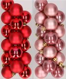 Decoris Kaemingk B.V. 32x stuks kunststof kerstballen mix van rood en oudroze 4 cm
