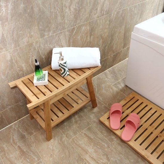 Merkloos Decopatent Luxe Bamboe Badkamer Bankje - 60cm - Met Opbergvak - Bamboe Hout - Scandinavisch & Basic
