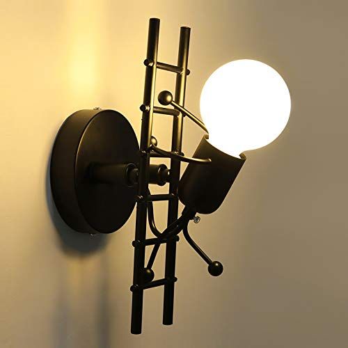 KAWELL Humanoid Creatieve wandlamp voor binnen, moderne wandlamp, Art Deco Max 60 W, E27-basis, ijzeren houder voor slaapkamer, kinderkamer, woonkamer, trap, hal, restaurant, zwart