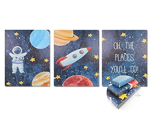 TIME HOME DEVELOPMENT 3-delige set 3 foto's met lijst decoratieve canvasdruk voor kinderkamer slaapkamer kinderen met houten frame - 3 foto's afmetingen 40 x 50 cm (Astronaut)