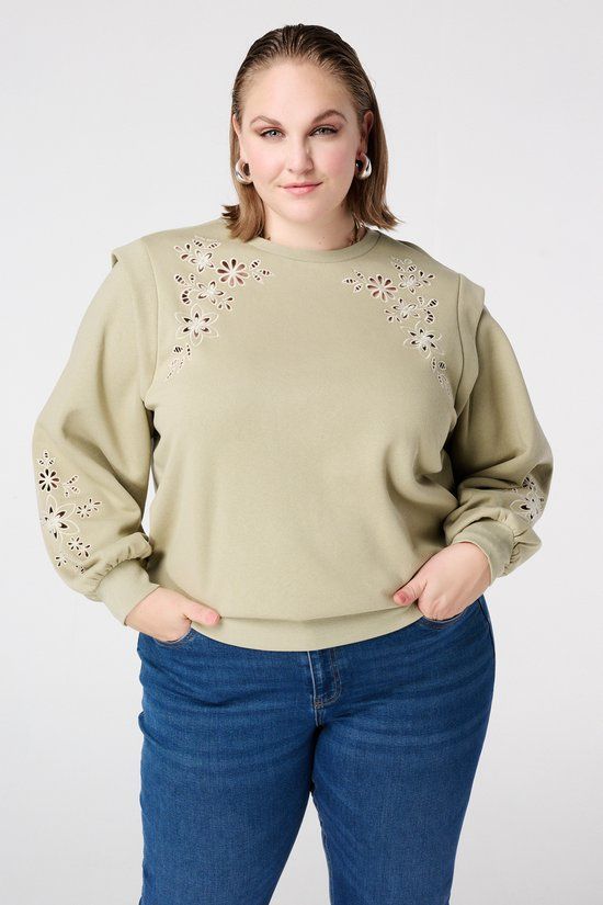 MS Mode Trui Sweater met opengewerkt borduursel Licht mint