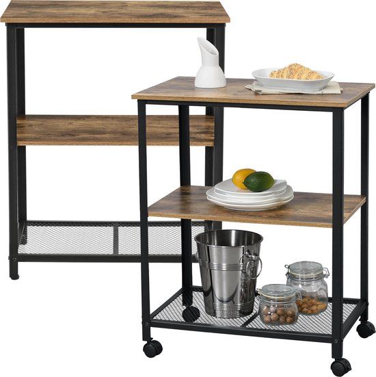 en.casa Keukentrolley Freiburg - 2 planken - 76,5x60x40 - hout zwart