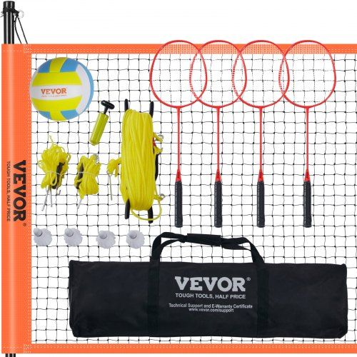 VEVOR Volleybal- en badmintonset, draagbaar badmintonnet, in hoogte verstelbare stalen palen, professionele combi-set met pvc-volleybal, pomp, tas