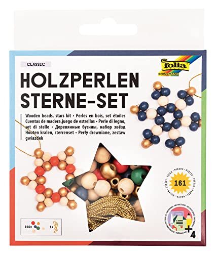 Folia 22521 22521-houten kralenset Classic, knutselset met 160 houten ballen en een gouden koord om te rijgen, voor het knutselen van sterren en hangers, meerkleurig