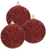 Decoris Kerstbal - 3x - rood - glitter - D8 cm - kunststof - onbreekbaar