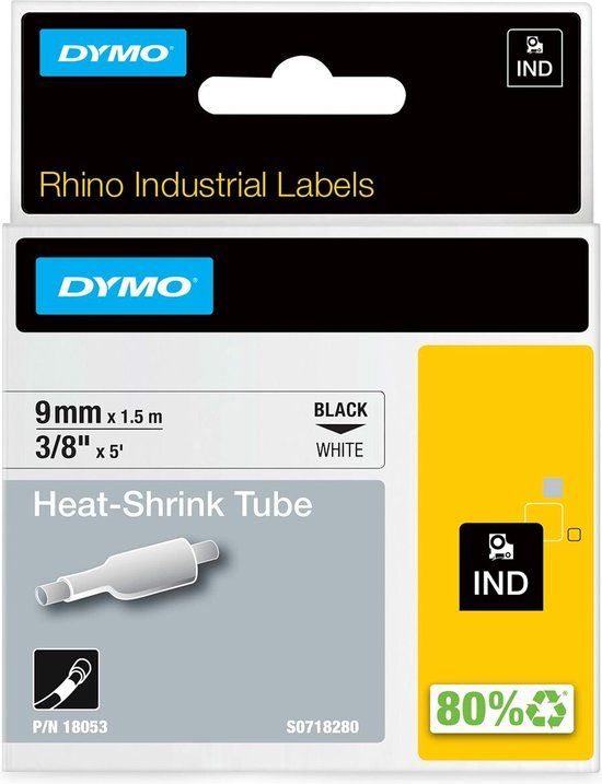 DYMO Rhino Heat-Shrink Tube Labels - 9 mm x 1.5 m - Black on White