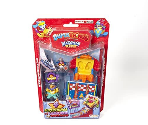 SUPERTHINGS RIVALS OF KABOOM Superthings - blisterverpakking met 4 superthings (1 zilver) + 1 Kazoom slider + 1 Kazoom Ramp (er zijn 4 varianten, willekeurig verzonden)