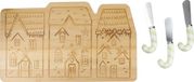 KitchenCraft Kaasplank, Serveerplank met Kaasmessen Set, 4-Delig, Bamboe, Huisjes