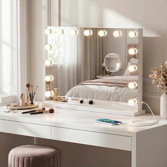 Bayt Hollywood Spiegel met verlichting - Make Up Spiegel - Dimbaar - 10x Vergroting - Wit - 58x46cm