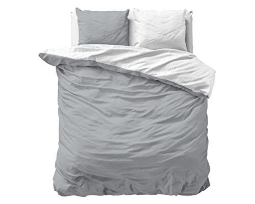 Sleeptime 100% katoen dekbedovertrek 240cm x 220cm Wit/Grijs - Zacht en strijkvrij dekbedovertrekset met drukknopen - Tweekleurig dekbedovertrekset met 2 kussenslopen 60cm x 70cm