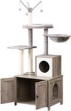 Merkloos / Sans marque catty Krabpaal met kattenbak - kattenbakkast - kattenhuis met deur en slot - grijs