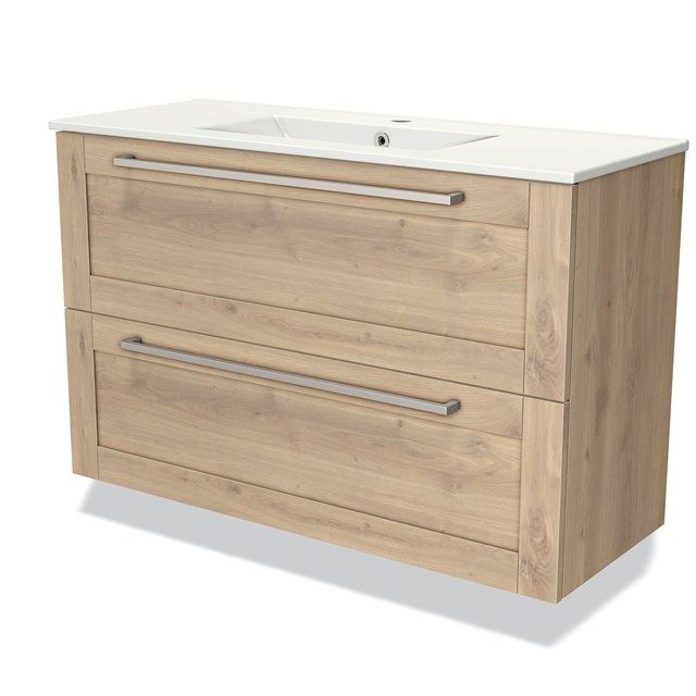 Maxaro Badkamermeubel 100cm Modulo Slim Lichtbruin Eiken 2 Lades Kader Wastafel Keramiek