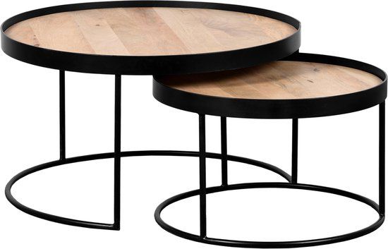 QUVIO Salontafel Sara – Set van 2 – Groot en klein – FSC®-gecertificeerd mangohout – Metaal – Zwart – Naturel