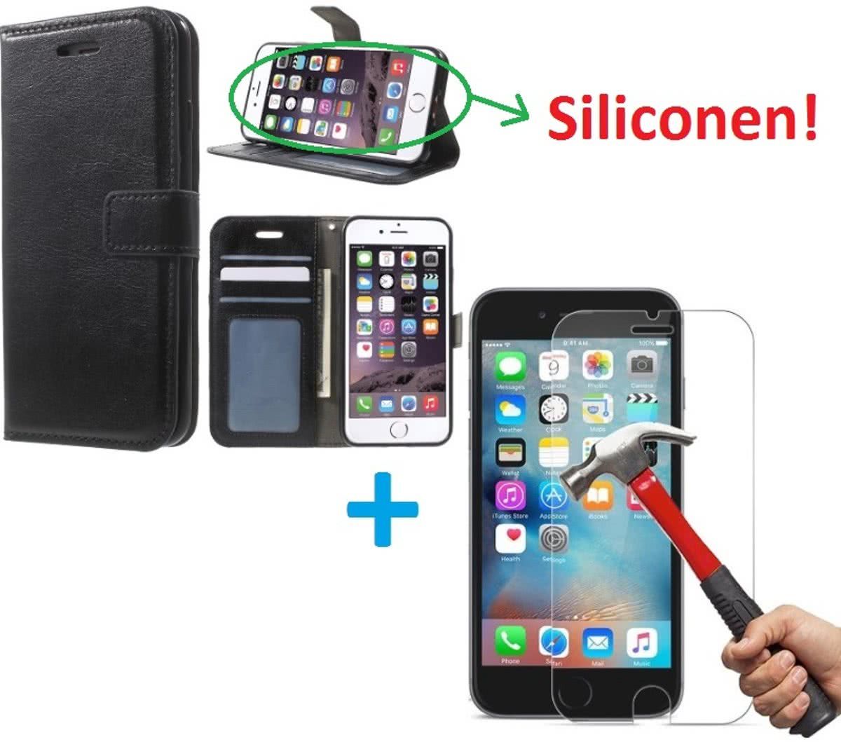 Aml iPhone 4 4S Portemonnee hoes zwart met Tempered Glas Screen protector