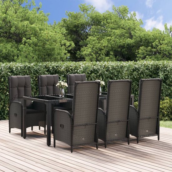 The Living Store Tuinset Zwart - 6x Verstelbare Tuinstoel - PE-Rattan - Tafel 190x90x75cm