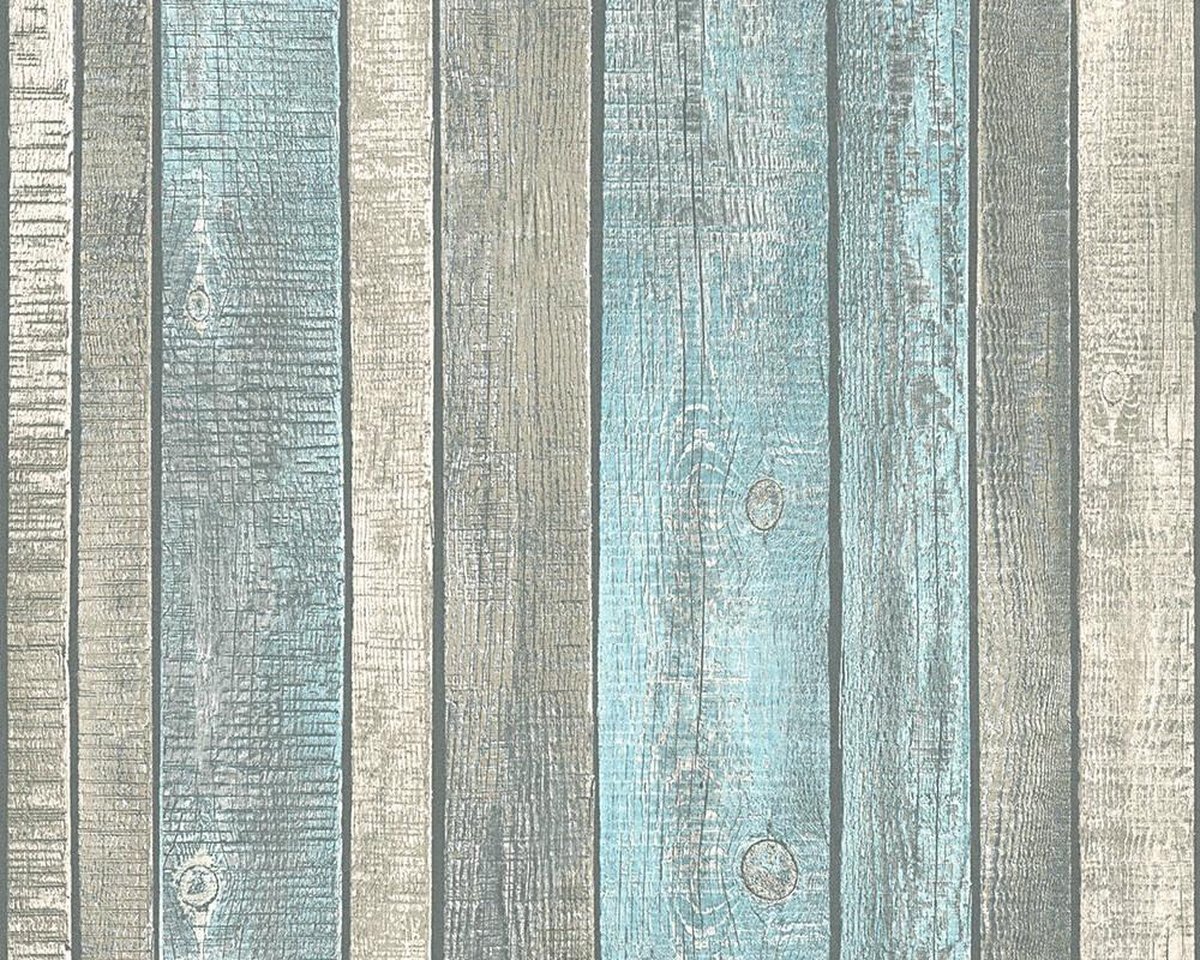 A.S. Création behang houtlook blauw, grijs en crème - AS-319932 - 53 cm x 10,05 m