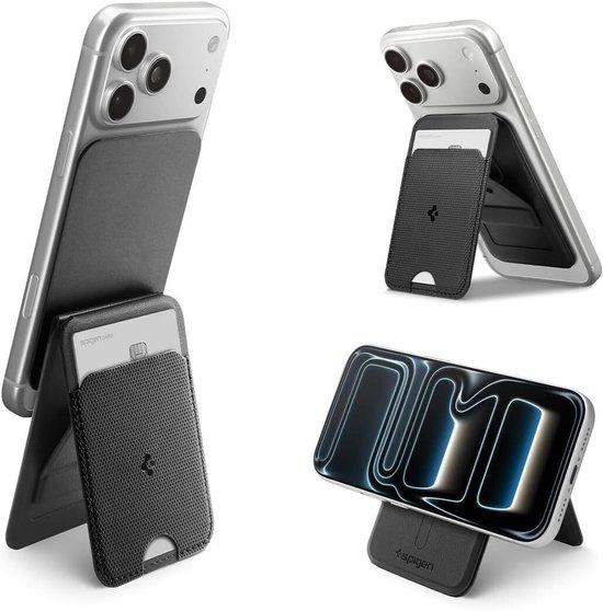 Spigen Slim Fold Tripod Wallet MagSafe Pasjeshouder | 3-in-1 Standaard en Statief | Geschikt voor iPhone 17 16 15 14 13 en Pixel 9 10 | Zwart | 1 Pasje