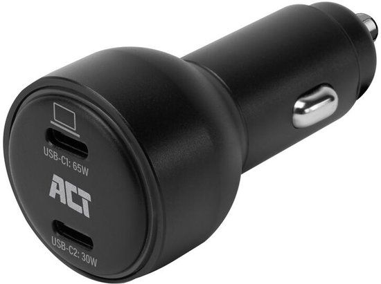 ACT 2-poorts USB-C fast charge autolader 95W met Power Delivery PPS, Quick Charge en GaNFast AC2210