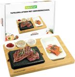 NutriChef Grillsteen Set – Granieten Kooksteen met Bamboe Plank- Ceramische Sauskommen & RVS Plateau – Perfect voor Vlees, BBQ – Binnen- en Buiten Grill