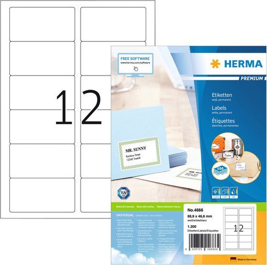 Herma Etiketten 4666 88.9x46.6mm Premium Wit 1200 stuks | 14 stuks
