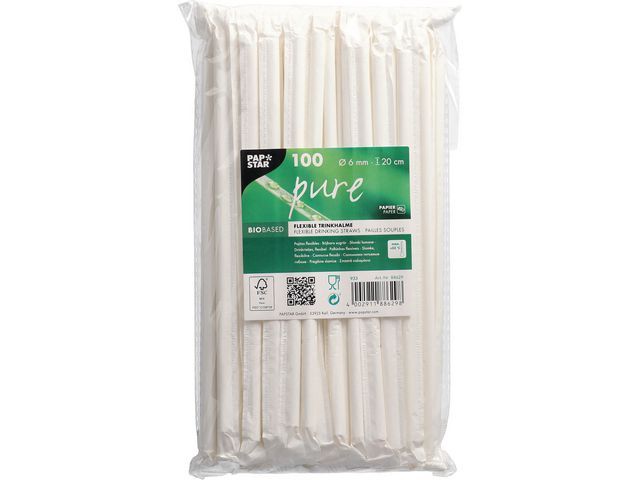 PAPSTAR Drink Straws, Paper "pure" Ø 6 mm · 20 cm White Individually Wrapped