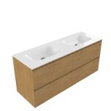 Saniclass Holz Pure Badkamermeubelset - 140x45x61.5cm - Flow solid surface wastafel wit - 2 wasbakken - zonder kraangaten - 4 lades - mat eiken natural (hout) SW1420792/SW1224151